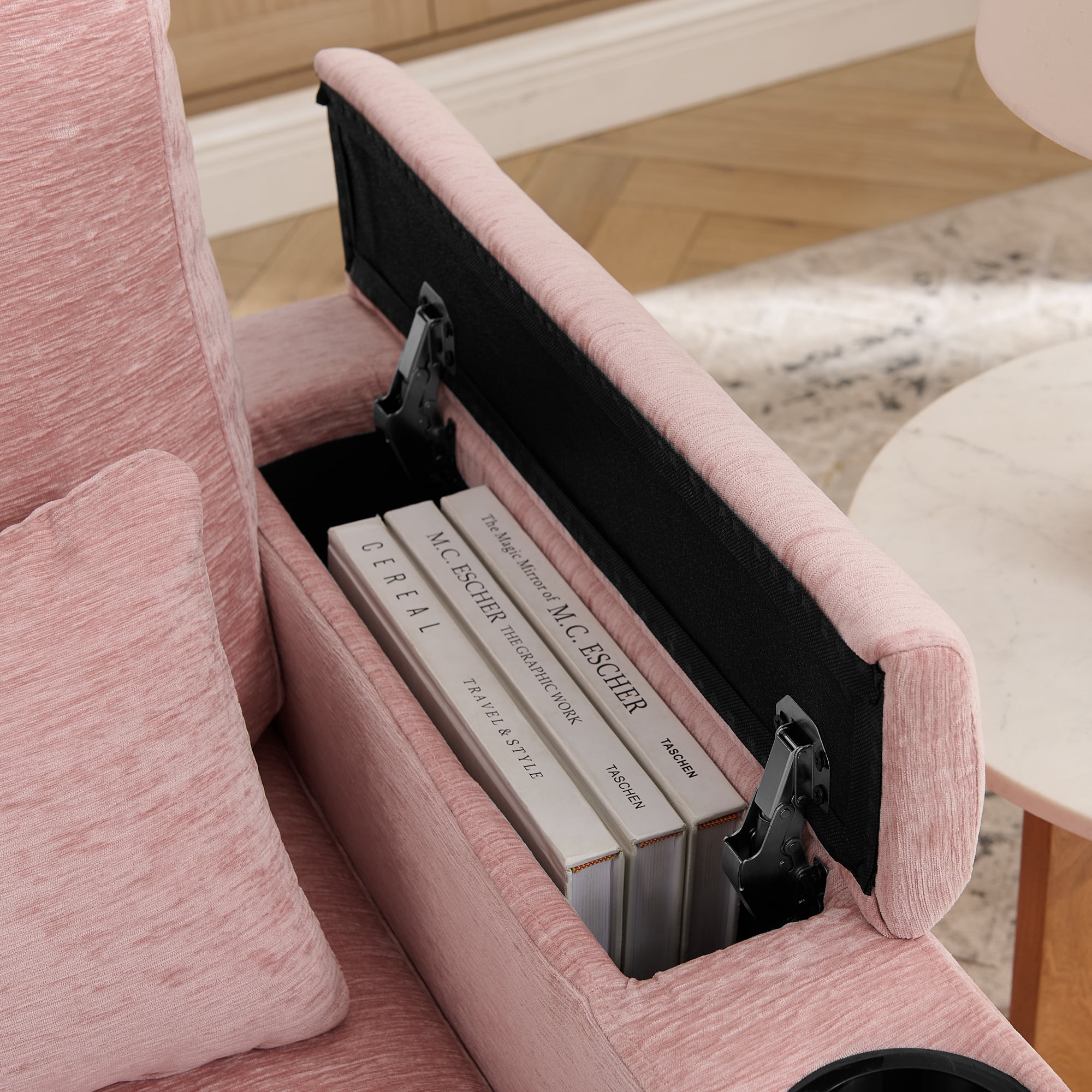 Recliner Chair with Adjustable Backrest, Cup Holders, USB Charging Port, Phone Stand, Arm Storage and Storage Ottoman
