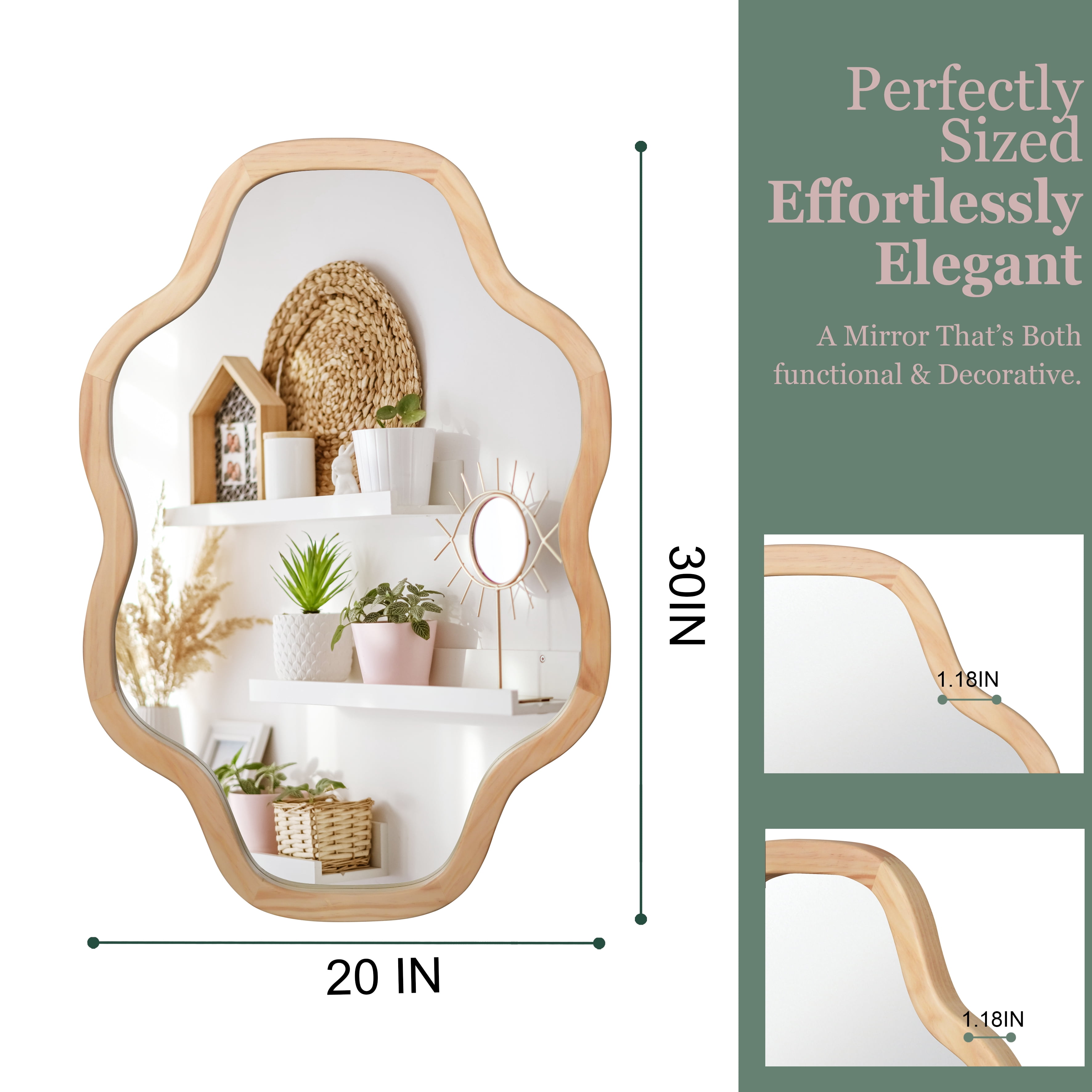 Garitin Wall Mirror and Cloud Shape Decorative Mirror 20 x 30 Inch, Solid Wood Framed Vanity Mirror for Bathroom Entryway Living Room, Natural