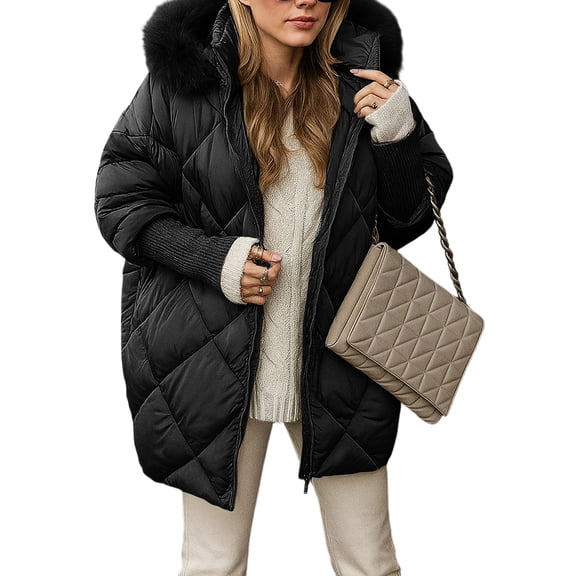 Wutalume Women's Jacket Fleece Lined Winter Coats Hooded Down Coat with Zip Pockets, Solid Color, Warm and Lightweight, Perfect for Cold Seasons and Outdoor Use,Black L