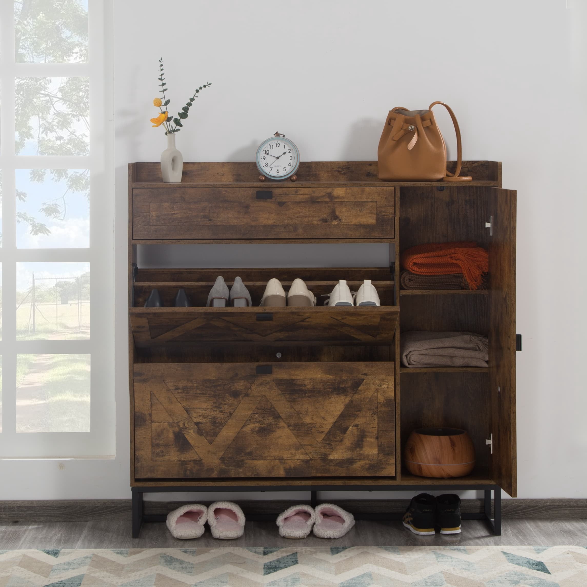 BSHTI Shoe Storage Cabinet with 2 Flip Drawers & Side Cabinet, High-Quality MDF in a Rustic Brown Finish, Adjustable & Versatile Storage, Easy Assembly