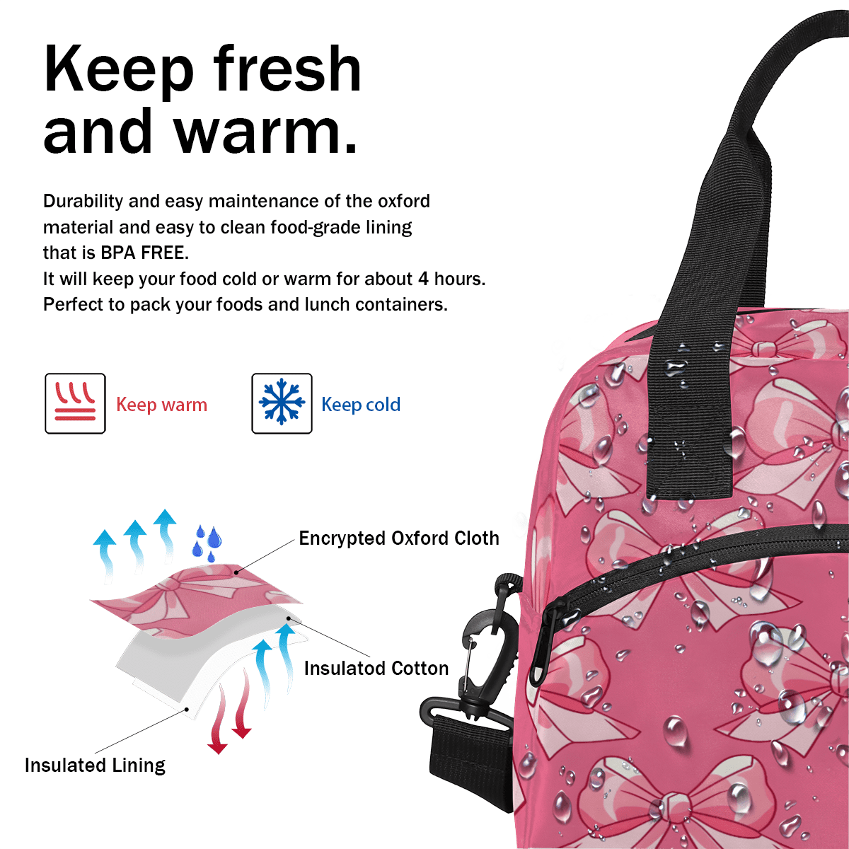 Herdesigns Pink Insulated Lunch Bag for Women Men Adults Large Reusable Lunch Box Bow Leakproof Cooler Tote Bags with Adjustable Shoulder Strap