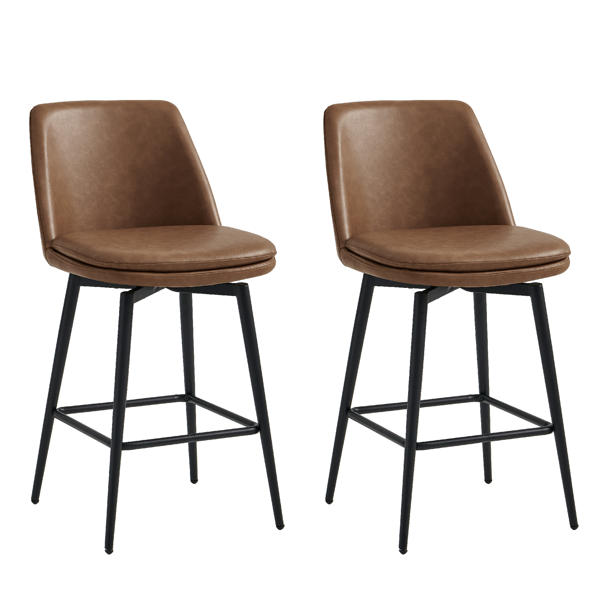 Spruce & Spring Counter Height Swivel Barstool with Curved Back and Metal Legs Set of 2, Brown Faux Leather