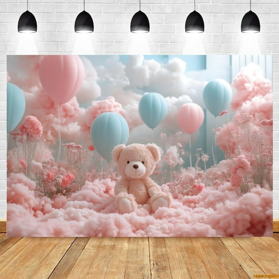 Newborn Baby Shower Birthday Party Backdrop Pink Blue Toy Bear Hot Air Balloon Cloud Boys Birthday Photography Background