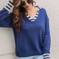 thumbnail image 2 of Suéter de punto holgado con puños a rayas, color azul oscuro, elegante y de invierno para mujer, 2 of 6