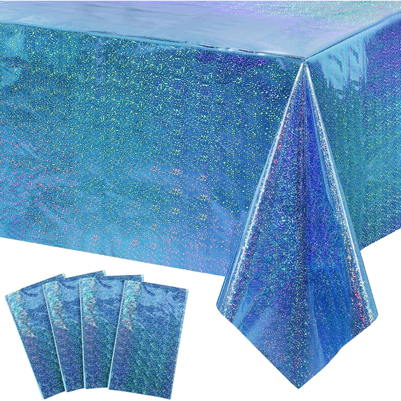 4 Pack Iridescent Blue Holographic Tablecloths, 54" x 108" Disposable Plastic Rectangle Table Covers, Shiny Laser Foil Party Decorations for Birthday, Wedding, Graduation, New Year's Eve & Phot