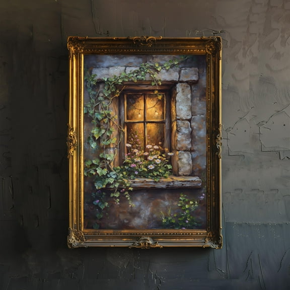 Cottage Window Art Print Cottagecore Scenic Decor Rustic Home Wall Art Cozy Botanical Illustration - Poster Unframed