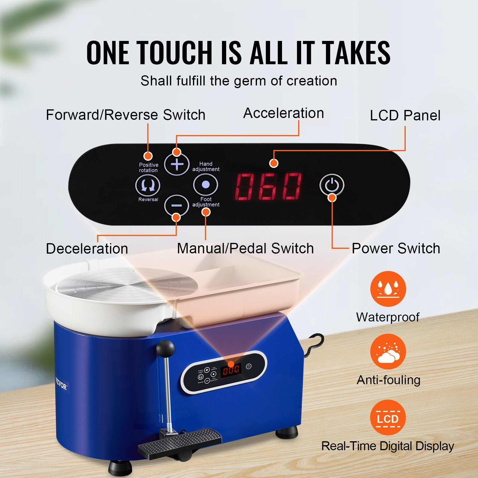 Professional Pottery Wheel Kit, 450W Clay Wheel Machine for Adults & Beginners, 60-300RPM Adjustable Speed, ABS Detachable Basin, LCD Touch Panel, Foot Pedal, DIY Craft Tools
