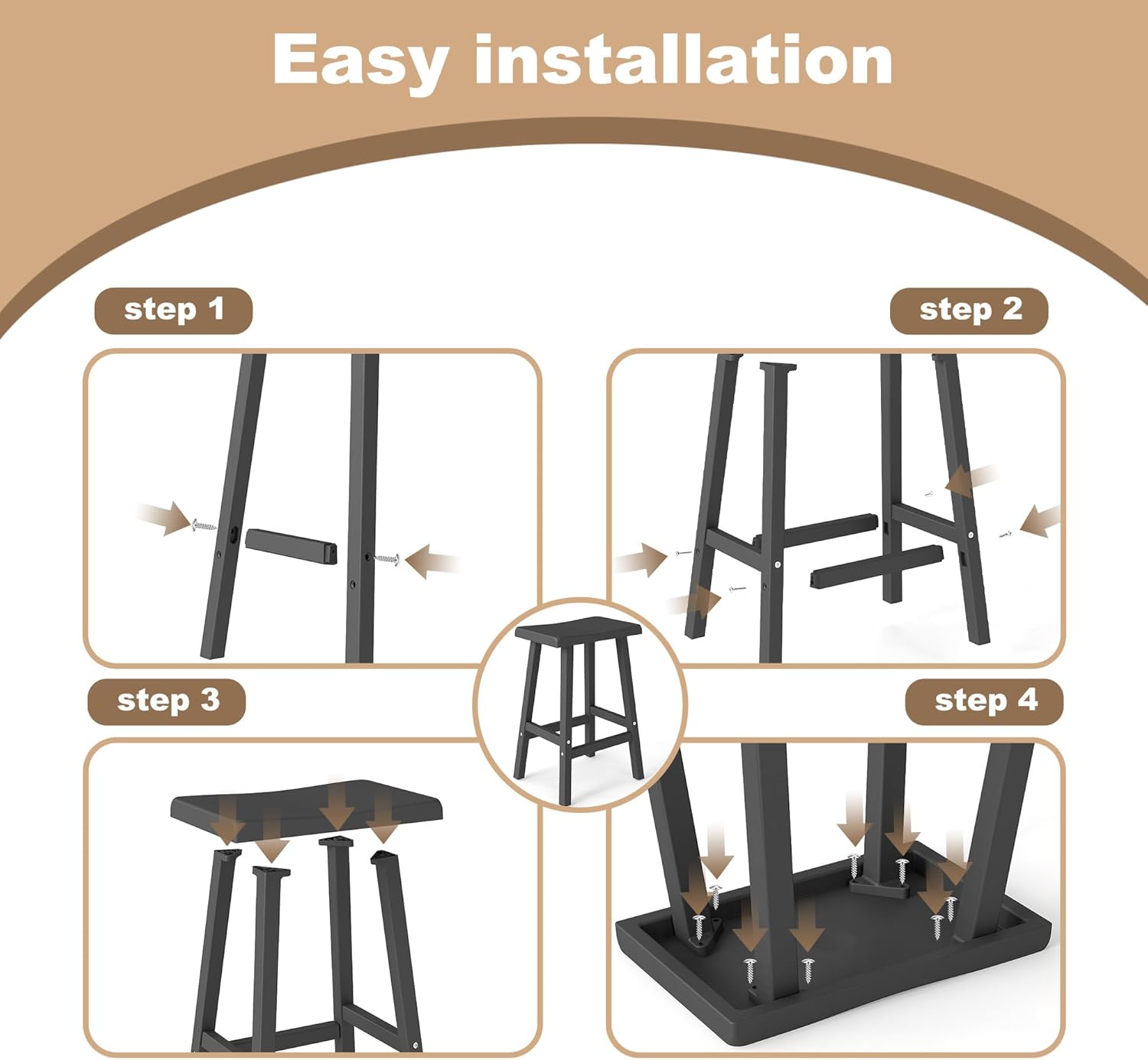 Joxxoaa Solid Wood Saddle-Seat Counter Height Bar Stools for Kitchen Island and Home Bar with Footrest, 29-Inch Height, Black, Set of 4