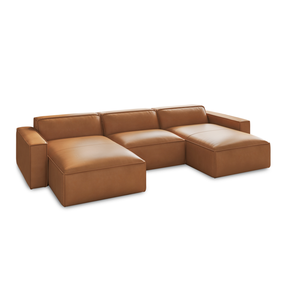 Valencia Nathan Canapé Modulaire en Cuir Aniline Pleine Grandeur Trois Places avec Deux Méridiennes 124 Pouces / Cuir Aniline Pleine Grandeur, Couture Cousue sur le Dessus, Confort Ultime, Plumes de Duvet, Brun Caramel