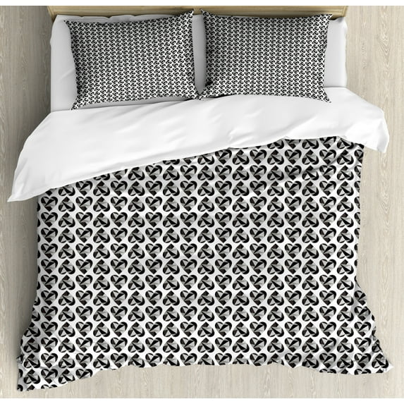 Hearts Duvet Cover Set King Size, Polygonal Geometric Design Triangular Love Pattern, Decorative 3 Piece Bedding Set with 2 Pillow Shams, Grey White, by Ambesonne