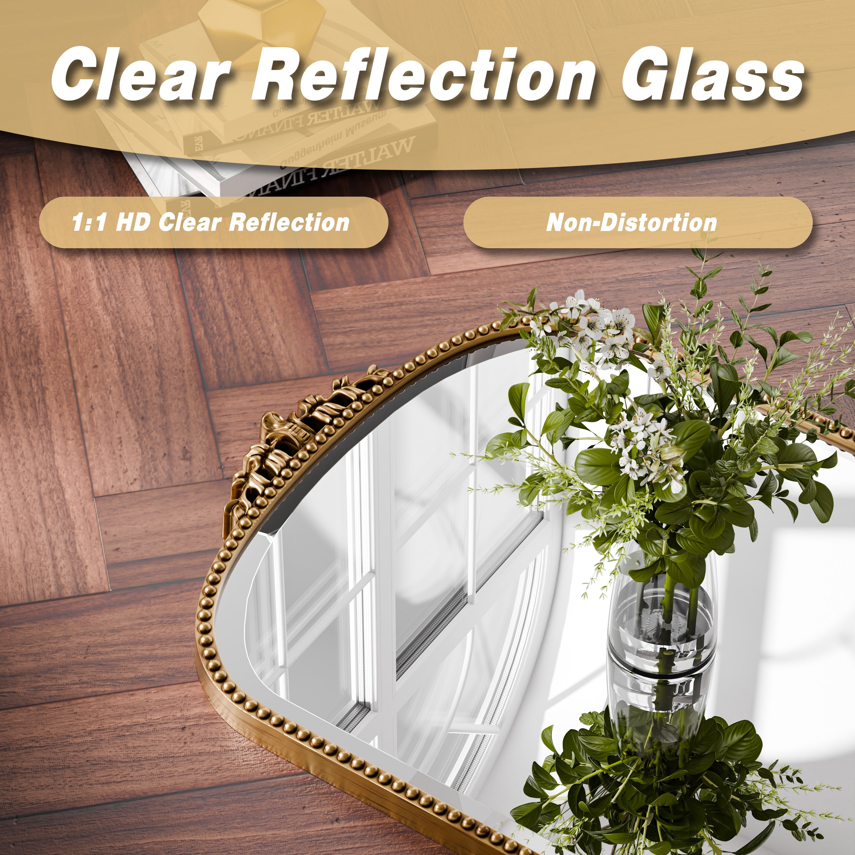 GRAHMCY 32"x 24" Arched Bathroom Mirror Hanging Vanity Mirror Decor Wall Mirror, Antique Gold