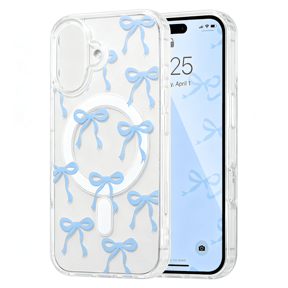 HBMYN Magnetic for iPhone 16 Case, Bow Case Compatible with MagSafe, Wireless Slim Clear Ribbon Aesthetic Phone Cover Anti-Yellowing Shockproof Protective Cover for Women Girl - Baby Blue