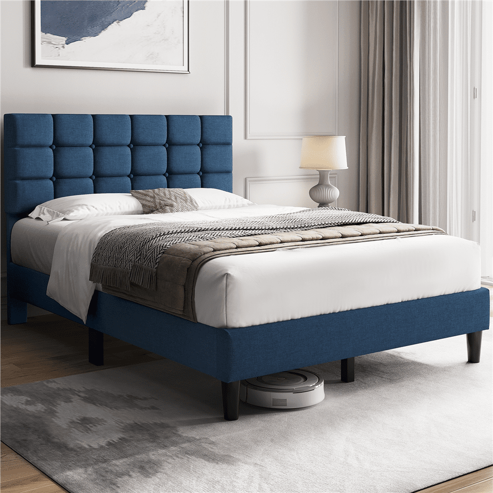 Yaheetech Upholstered Platform Bed with Square Tufted Headboard, Full, Navy Blue