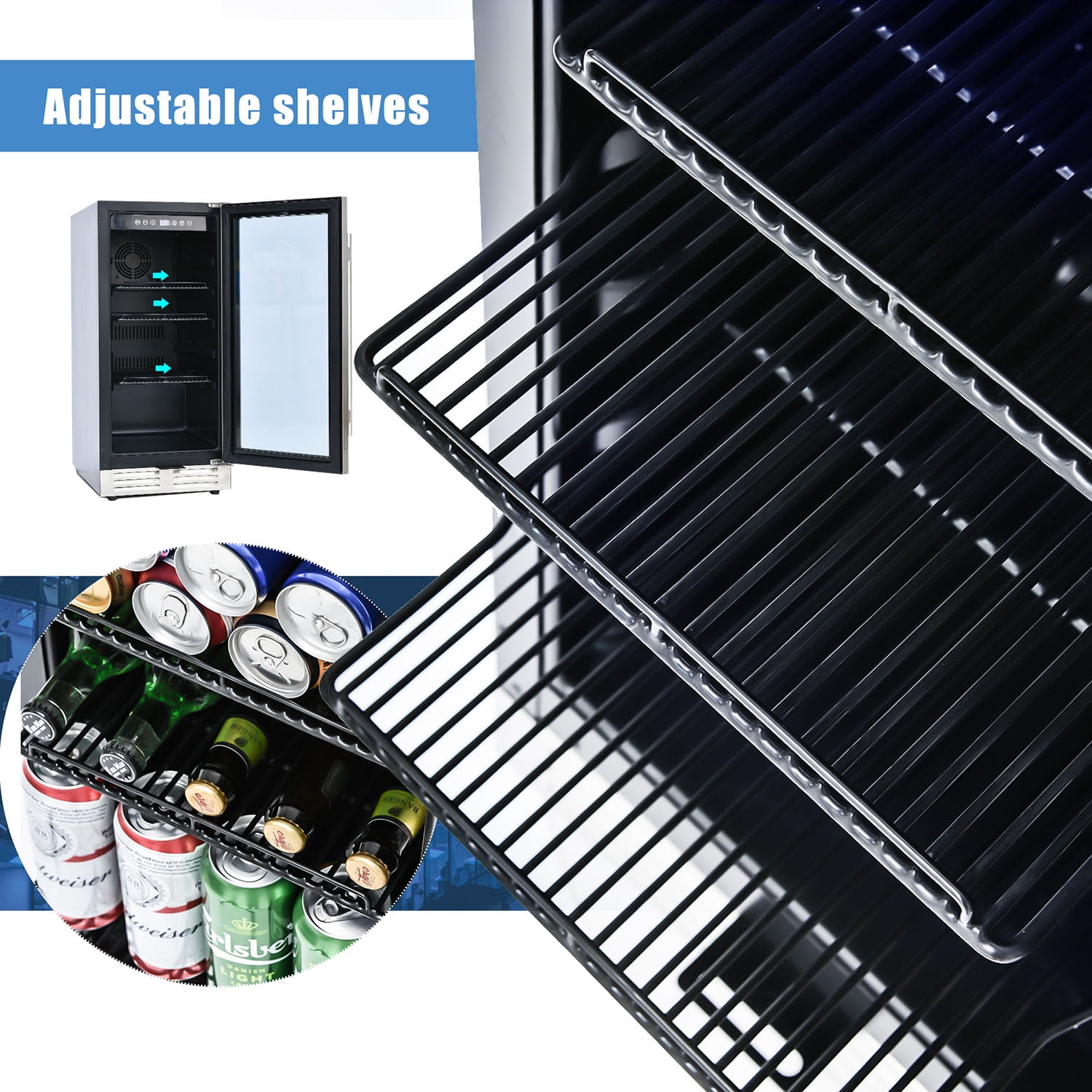 Spaco Built-in and Freestanding 15" Mini Beverage Refrigerator/Wine Cabinet, 120 Cans, Adjustable Shelves, Black and Silver Spaco Built-in and Freestanding 15" Mini Beverage Refrigerator/Wine Cabinet, 120 Cans, Adjustable Shelves, Black and Silver