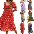 thumbnail image 6 of KOMOO Women Bohemian Floral Long Dress Summer Puff Short Sleeve V Neck Loose Ruffle Tiered Dress Beach Swing Sundress, 6 of 6