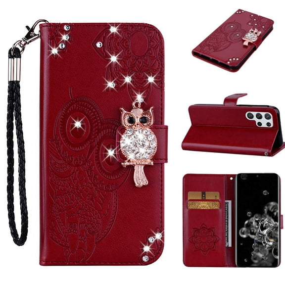 Diamond Wallet Case for Samsung Galaxy S23 Ultra with Card Slots Holder Magnetic Clasp Cover, Shining Sparkle Owl Embossed Pattern PU Leather Flip Folio Case with Wrist Strap Kickstand Case,Winered
