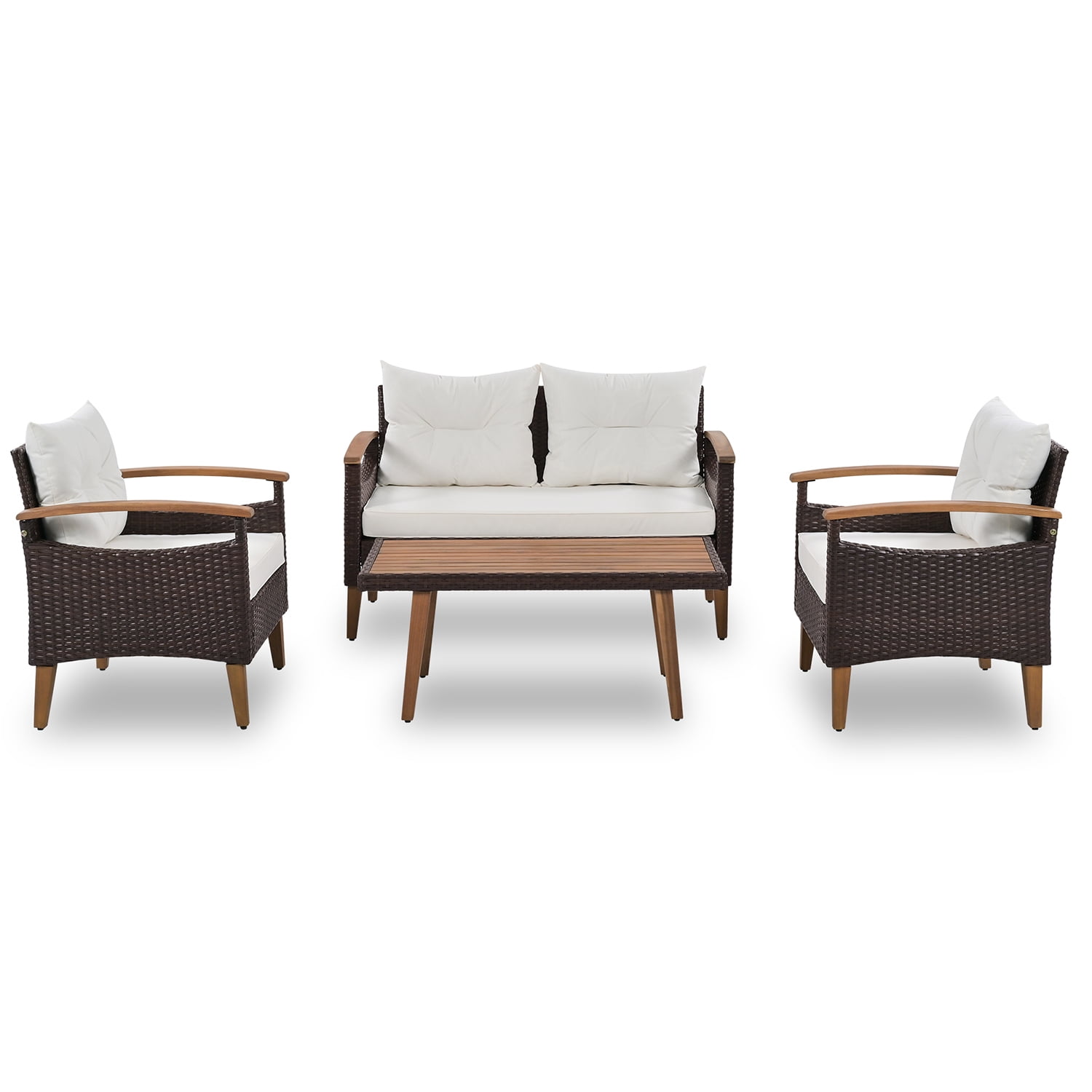 Kadyn 4-Piece Patio Seating Set, Wicker Garden Furniture with Wood Table and Legs, PE Rattan Outdoor Sofa Set for Balcony, Beige Kadyn 4-Piece Patio Seating Set, Wicker Garden Furniture with Wood Table and Legs, PE Rattan Outdoor Sofa Set for Balcony, Beige