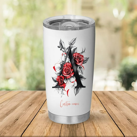 Custom 20oz Tumbler with Initial 'A' and Flower Prints, Stainless Steel Insulated Coffee Mug, Personalized Travel Cup, Birthday or Special Day Gift for Women