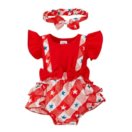 

KaLI_store Girl in Bodysuit Infant Girls Tassels Fly Sleeve Independence Day Striped Printed Romper 4 Of July Newborn Bowknot Bodysuits Red 3-6 M