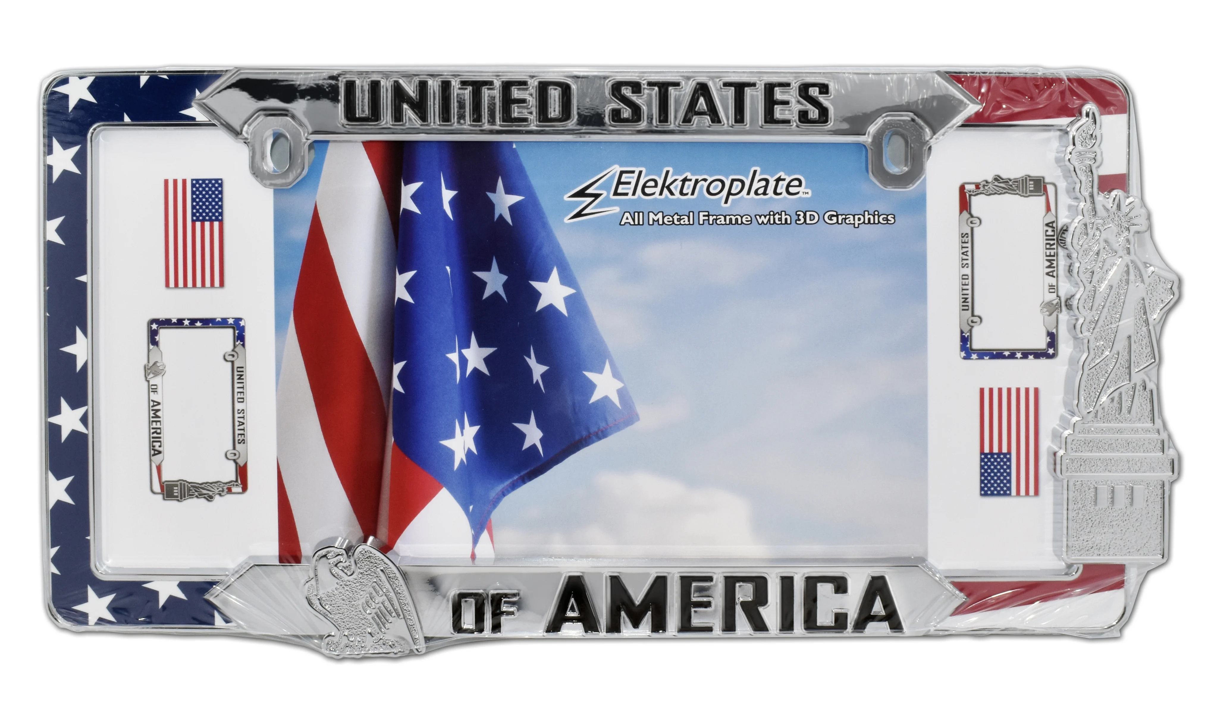 Elektroplate Patriotic United States of America Chrome-Plated All-Metal 3D Weather-Proof License Plate Frame 12" x 6" 1-Pack