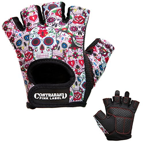 Sugar Skull Print Weight Lifting Gloves for Women w/ Grip-Lock Padding Gym Gloves for Women w/ Medium Padding Contraband Pink Label 5237 Designer Series Workout Gloves for Women 