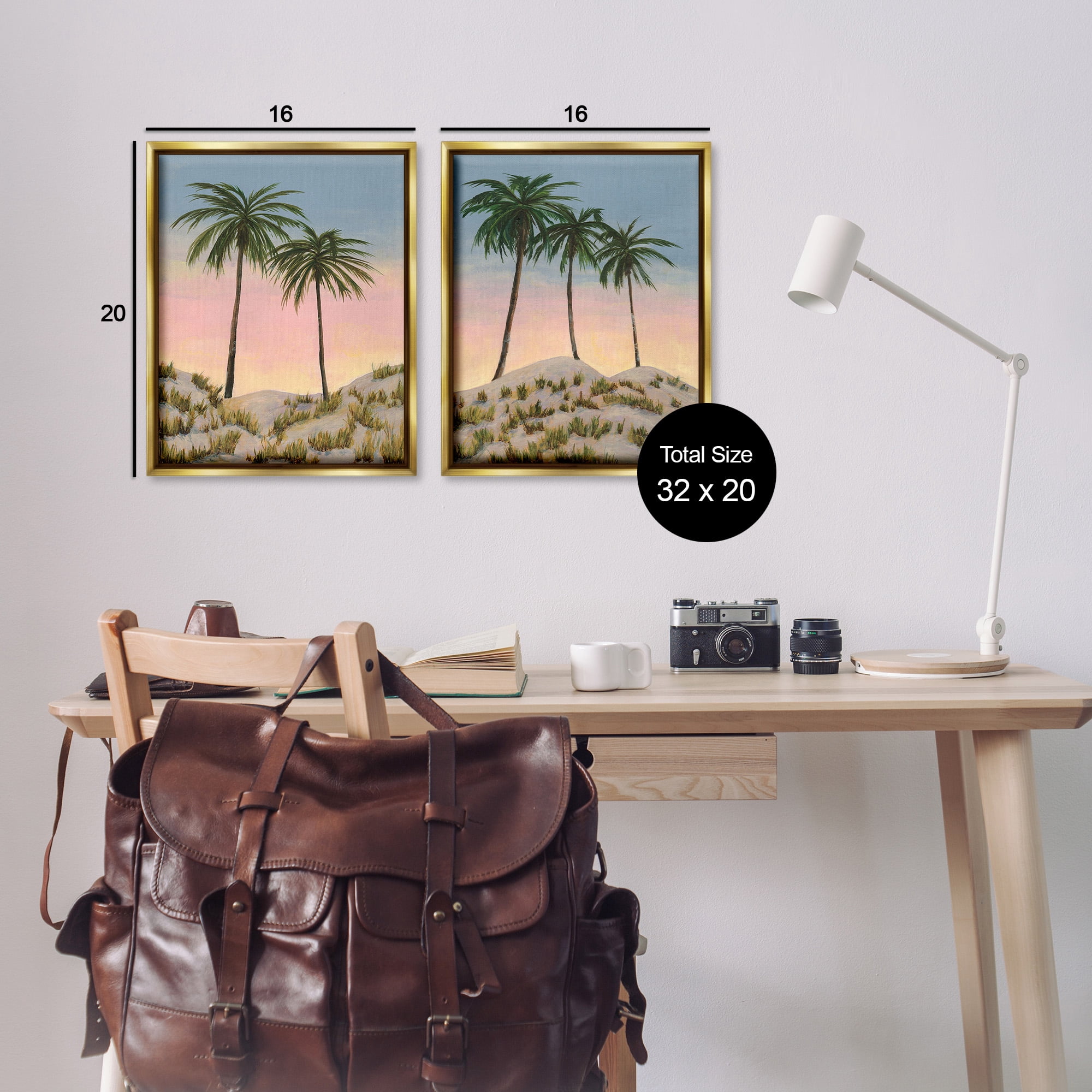 Stupell Industries Sunrise Tropical Scene Landscape Painting Gold Floater Framed Canvas Art Print Wall Art, 17 x 21, Set of 2
