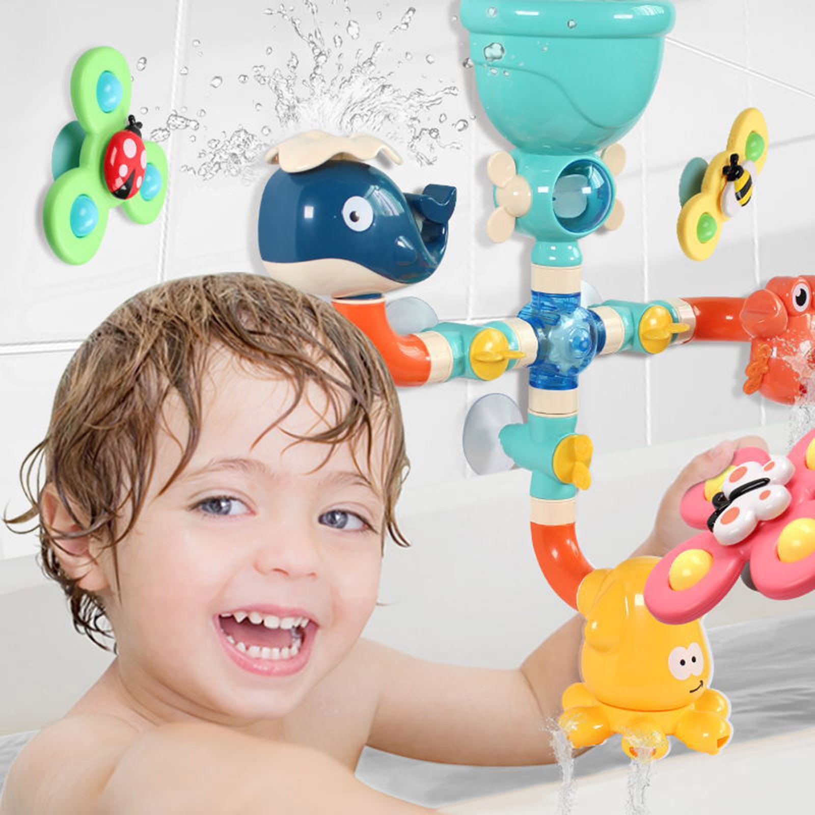 Fridja Baby Bath Toys Bathtub Suction Cup Toy Safe Material Pipe Connection  Shower Toy 