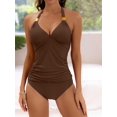 thumbnail image 3 of Halter V Neck Two Piece Set Tankini, Solid Color Stretchy High Cut Swimsuits, Women's Swimwear & Clothing, 3 of 5