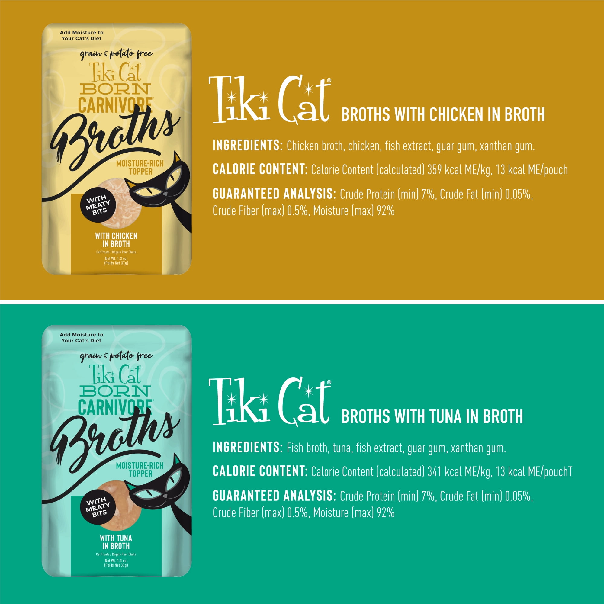 Tiki Cat Born Carnivore Broths Wet Cat Food Topper, Variety Pack, 1.3 oz. Pouches (24 Count)