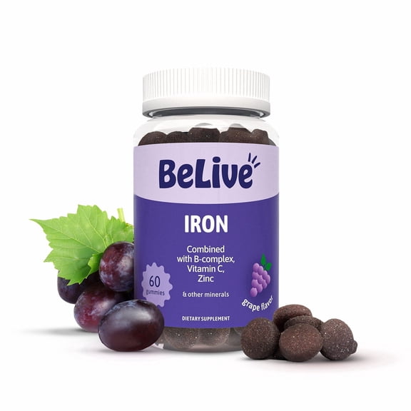 BeLive Iron Gummies For Women, Men & Kids - Multivitamin Supplement with Vitamin C, B and Zinc - Supports Red Cell Production - Grape Flavor - 60 Count - Gluten Free