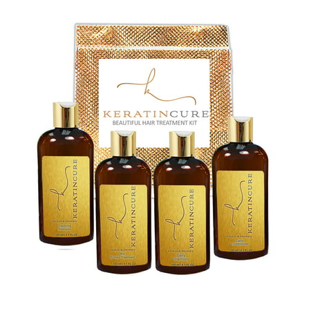 Keratin Cure Best Treatment Gold and Honey Bio Protein 4 Ounces 4 Piece Kit Silky Soft Hair Formaldehyde Free Professional Complex - Argan Oil Nourishing