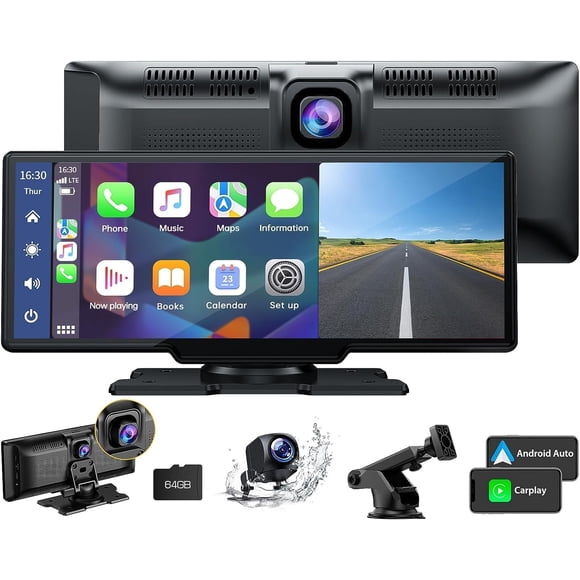 LAMTTO 9.26" Estéreo inalámbrico para automóvil Apple Carplay con cámara de tablero de 2.5K, cámara de respaldo 1080P, navegación GPS con pantalla táctil portátil para automóvil, receptor estéreo para