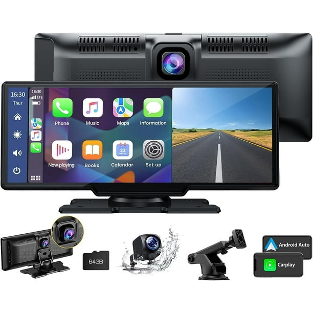LAMTTO 9.26" Estéreo inalámbrico para automóvil Apple Carplay con cámara de tablero de 2.5K, cámara de respaldo 1080P, navegación GPS con pantalla táctil portátil para automóvil, receptor estéreo para