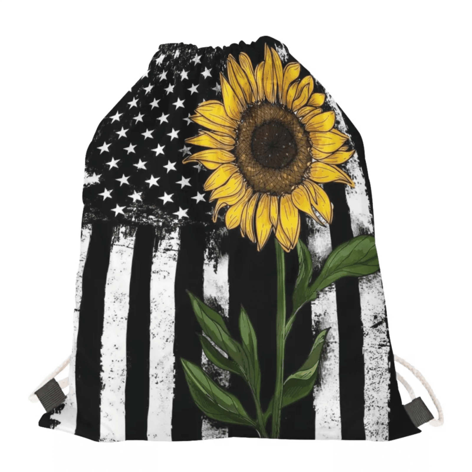 American Flag and Sunflower Drawstring Backpack