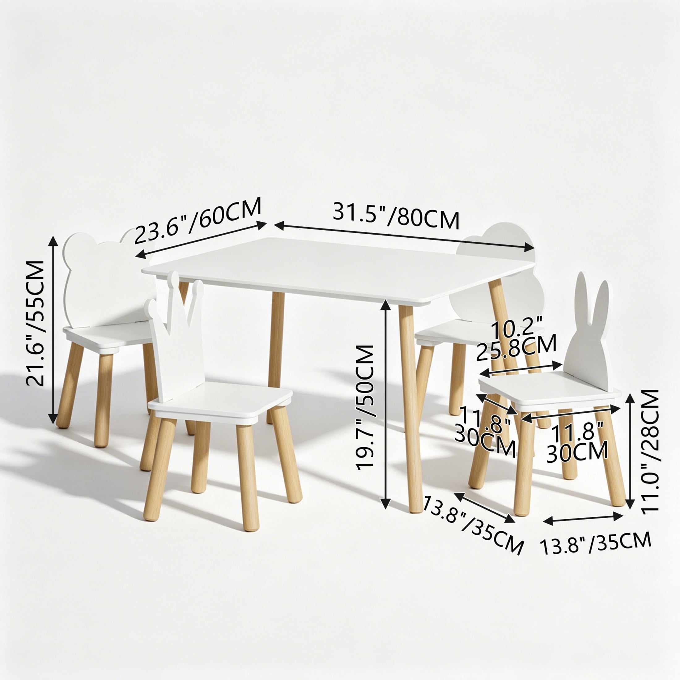 Noble House Kilby 5-Piece Kids Toddler Table & 4 Chairs Set, Animal Backrest Wooden Activity Play Set, White & Natural