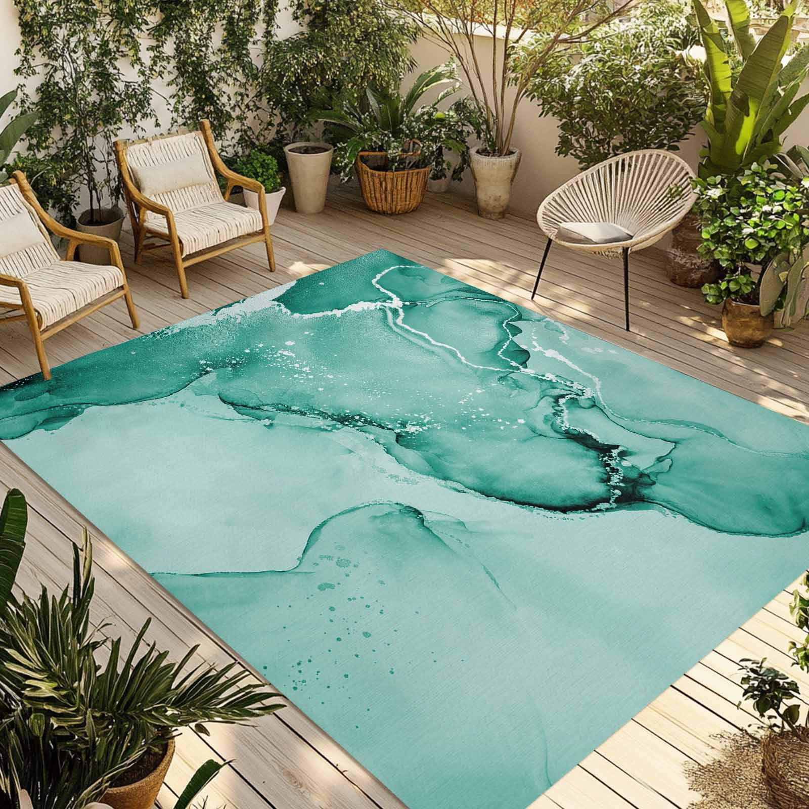 Outdoor Rug 5x8ft Turquoise Marble Large Area Rug Abstract Waves Cloud Indoor Outdoor Carpet Outdoor Rugs Mats for Patio Camping,RV,Front Door, Outside Decor