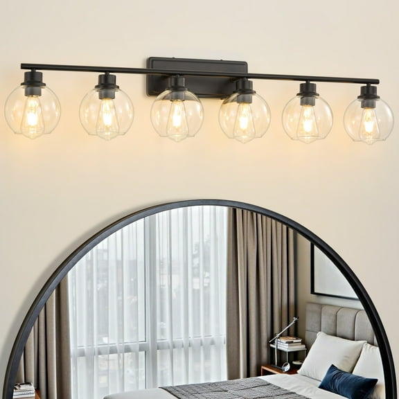 Deyidn 42.12" Black Bathroom Vanity Light, 6-Light Dimmable Wall Fixture with Clear Glass Shades for Makeup Mirror, Modern Luxury