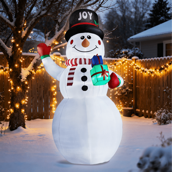 Giant 12FT Christmas Inflatable Snowman, 3 White LEDs + 1 Light Panel, Gift-Holding Waving Design, Weatherproof Polyester for Yard, Store, Indoor
