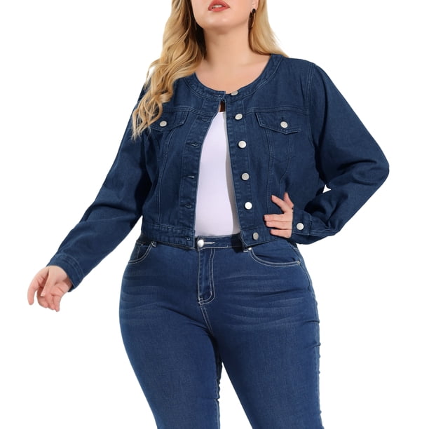 Women's Plus Size Long Sleeves Button Down Crew Neck Short Denim Jacket Dark Blue 2X