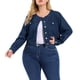 thumbnail image 1 of Women's Plus Size Long Sleeves Button Down Crew Neck Short Denim Jacket Dark Blue 2X, 1 of 6