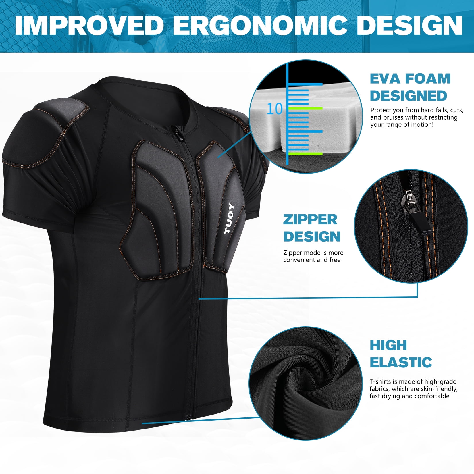 Protective Padded Shirts for Snowboard, Ski, Skate - Adult - Thick 3D Impact Pads, Lightweight & Flexible, Easy Zip Design