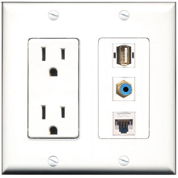 RiteAV - 15 Amp Power Outlet 1 Port RCA Blue 1 Port USB A-A 1 Port Cat5e Ethernet White Decorative Wall Plate