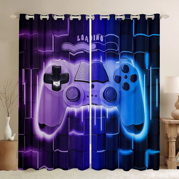 Feelyou Futuristic Game Controller Black Out Curtains for Kids, Purple Blue Honeycomb Curtains Pack of 2 (42x63 Each), Gaming Gamer Gamepad Bedroom Curtains, Blackout Curtains Bedroom Decor