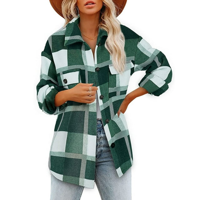 EGNMCR Womens Plaid Shacket Jacket Button Long Sleeve Shirt Coat Fall Winter Loose Flannel Jacket