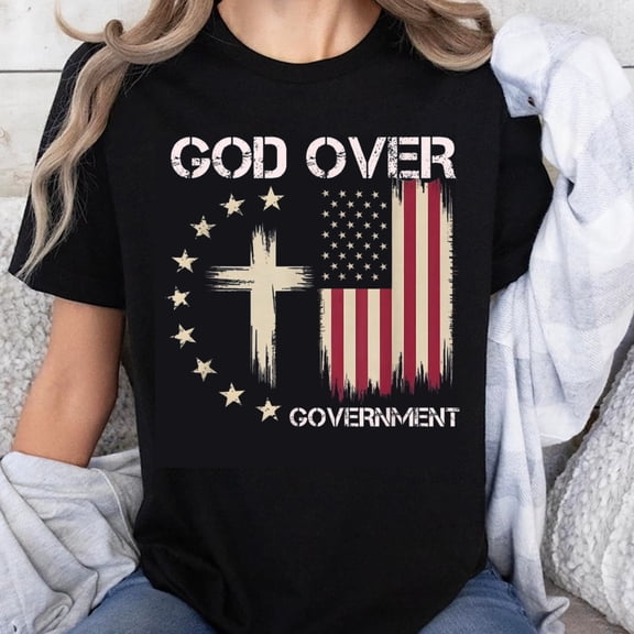 100% Cotton God Over Government USA Flag Cross Christian Patriotic T-Shirt for Men Women American Flag Design Religious Statement Shirt
