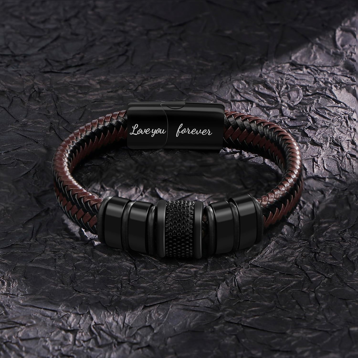 Gifts for Brother from Sister Birthday Christmas Black Leather Bracelets for Men Thanksgiving Day Graduation Braided Layered Wristband Cuff Bracele Love You Forever Gift 7.5 Inches Single-To My Brothe