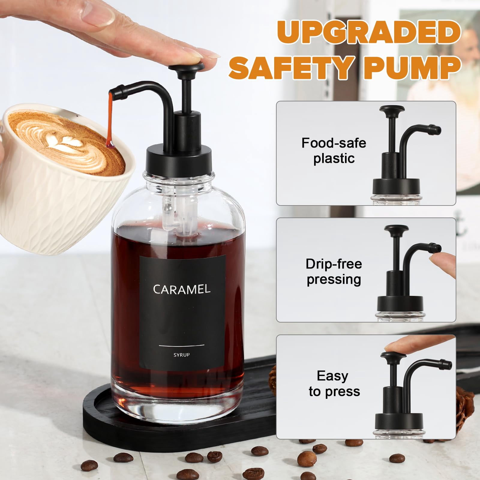 Syrup Dispenser For Coffee Bar  Glass With Pump 16.9 Fl Oz Honey Bottles Labels Spoons Art Pen 3 Pack