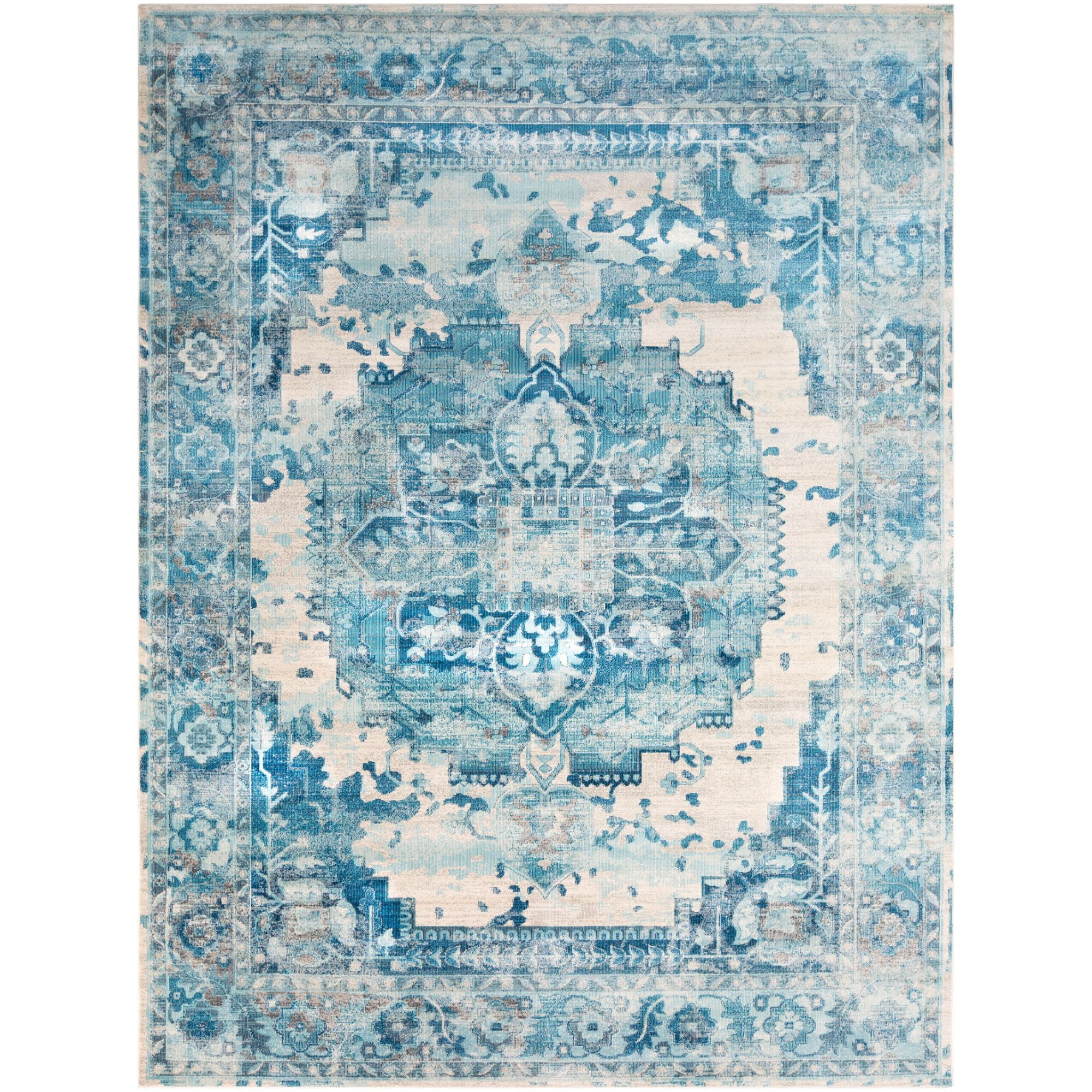 7.8' x 10.25' Traditional Style Blue and White Rectangular Area Throw Rug