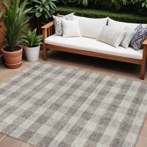 HomeRoots 595520 8 x 10 ft. Taupe & Gray Plaid Washable Indoor & Outdoor Rectangle Area Rug