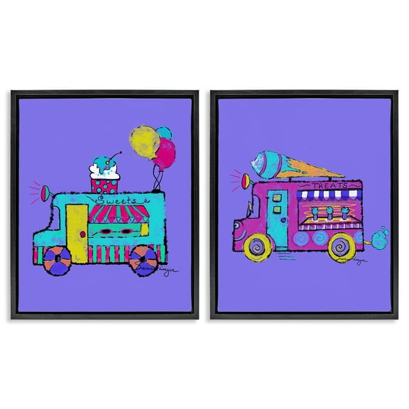 Stupell Industries Vibrant Summer Ice Cream Trucks 2 Piece Black Framed Floater Canvas Set design by Susan Lugar, 21 x 17